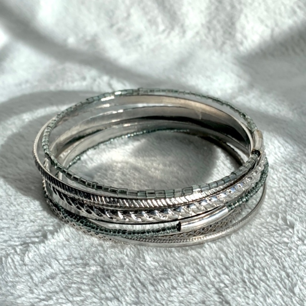 Set of Silver and Beaded Stacking Bangle Bracelets